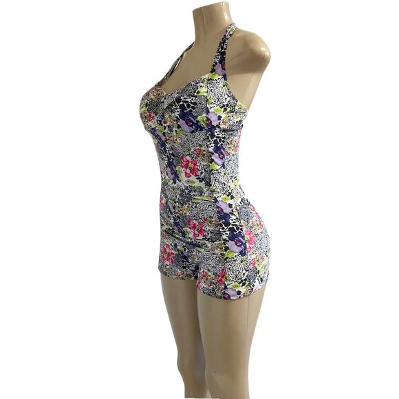 Floral Twist Front Halter Swimsuit Romper | Stretch Nylon Spandex Unique Print L - Picture 6 of 7